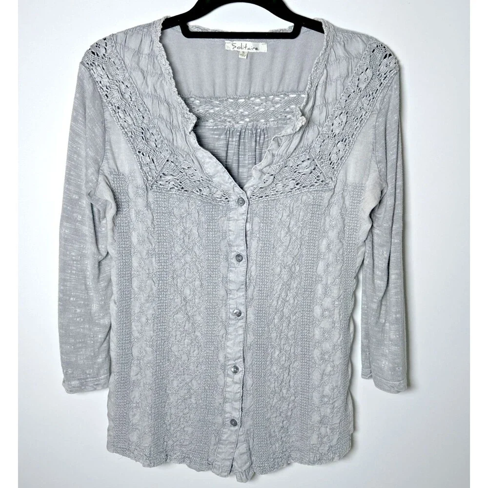 Solitaire Blouse Small Gray Crochet Lace Embroidered Rayon Boho Peasant Top